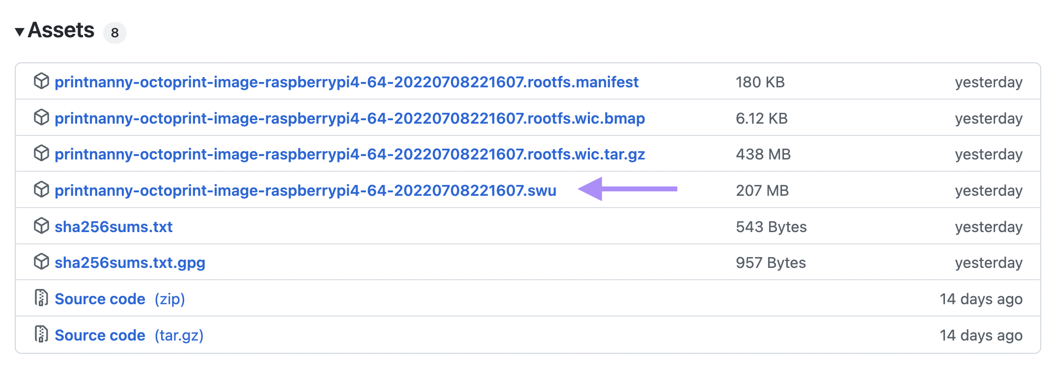 Arrow pointing to .swu file among release assets