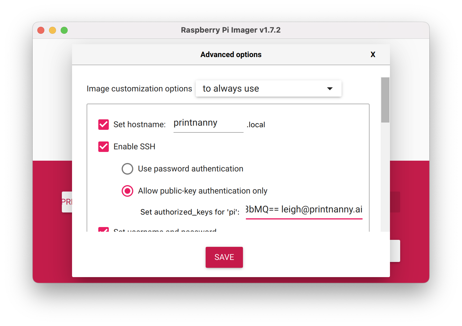 Selecting the custom menu in Raspberry Pi Imager